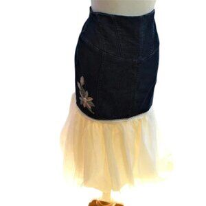 Vintage Upcycle Blue Jean & Tulle Ruffle Skirt Sequin Flower Embellished